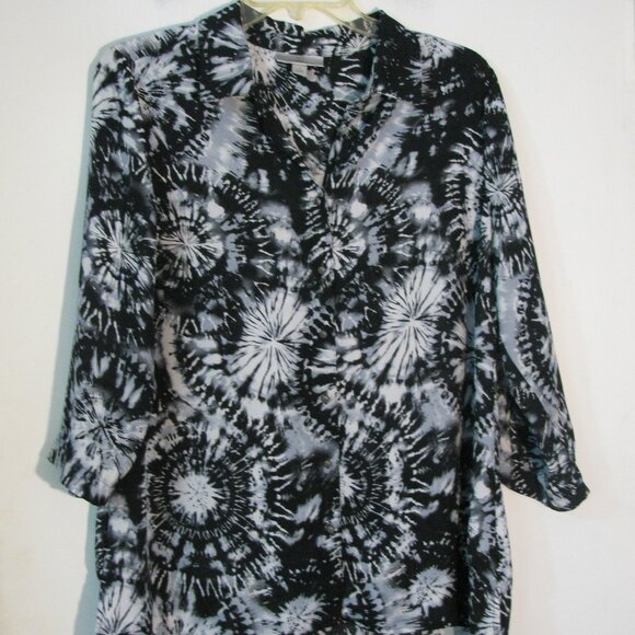dressbarn Tops - * Dressbarm Dres Barn Blouse Large Black Gray Button Up Silky 3/4 Sleeve